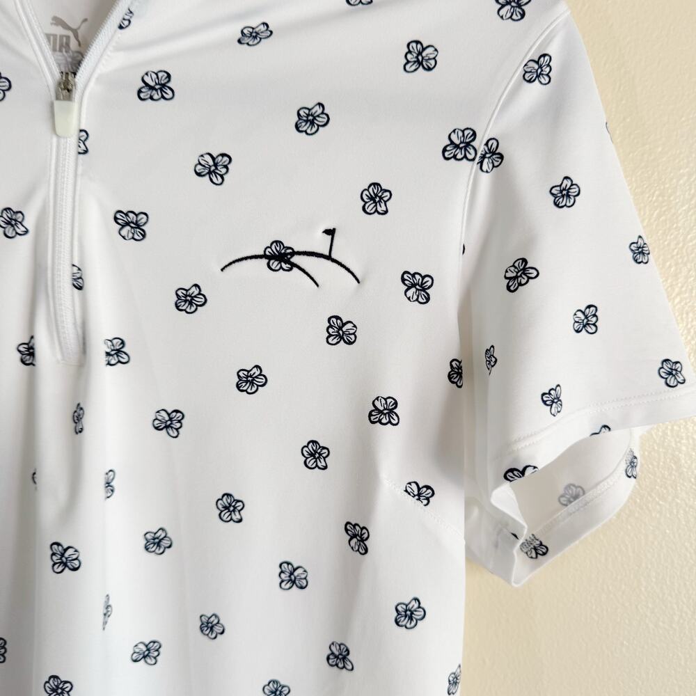 Puma White + Blue Hibiscus Floral Print Zip Closure Polo - Medium - Picture 3 of 10